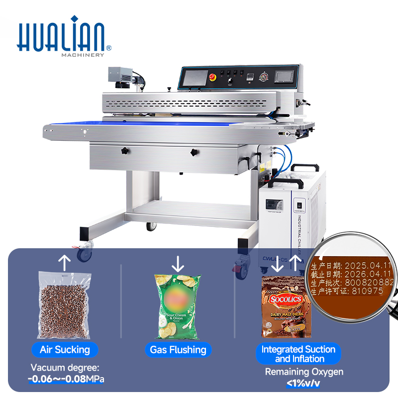 Hualian Air Suction & Gas Flushing Continuous Band Sealer with UV CO2 Laser Marking FRJ-1120WH 